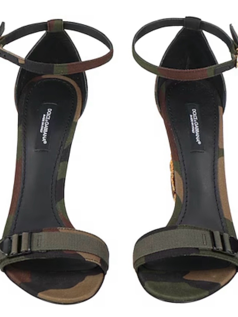 Dolce & Gabbana Green Camouflage Ankle-Strap Heels with Gold Filigree Heel